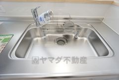 浄水器が一体化した水栓シャワーが付いた、幅の広いシンクです＾＾大きなお鍋も楽々洗えますね。