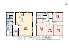 1階は18.8帖の広々LDKでご家族団らんの寛ぎ空間＾＾ 2階に4洋室集中、プライベート空間＾＾