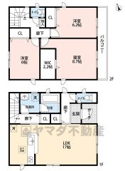 1階は約17帖のLDK。 2階は3洋室、全室ゆったり6帖以上、主寝室には2.2帖のWIC付き＾＾