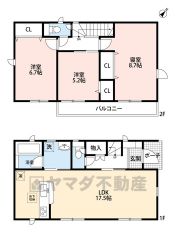 お掃除らくらくのオールフローリング3LDK。 1階は17.5帖のLDKでご家族団らんの寛ぎ空間＾＾ 2階には3洋室、主寝室は8.7帖の広々居室＾＾